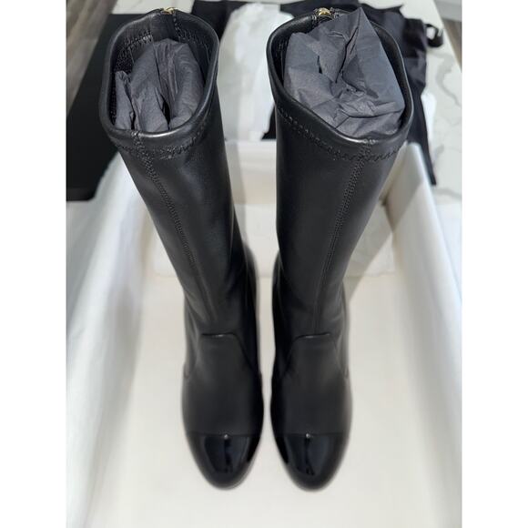 Chanel 25K Black White Pearl Ball Heel CC Logo Stretch Leather Calf Boots 37.5 - Picture 13 of 16